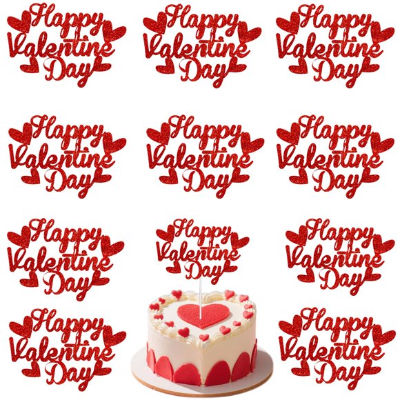Paquete de 10 adornos para tartas con purpurina roja, feliz día de San Valentín
