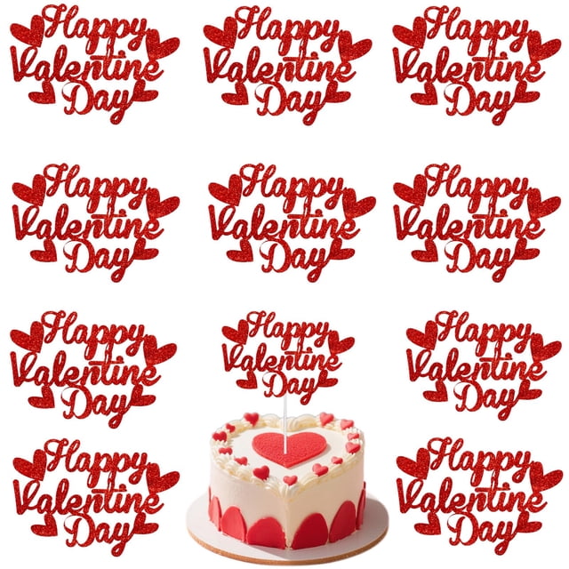 Paquete de 10 adornos para tartas con purpurina roja, feliz día de San Valentín