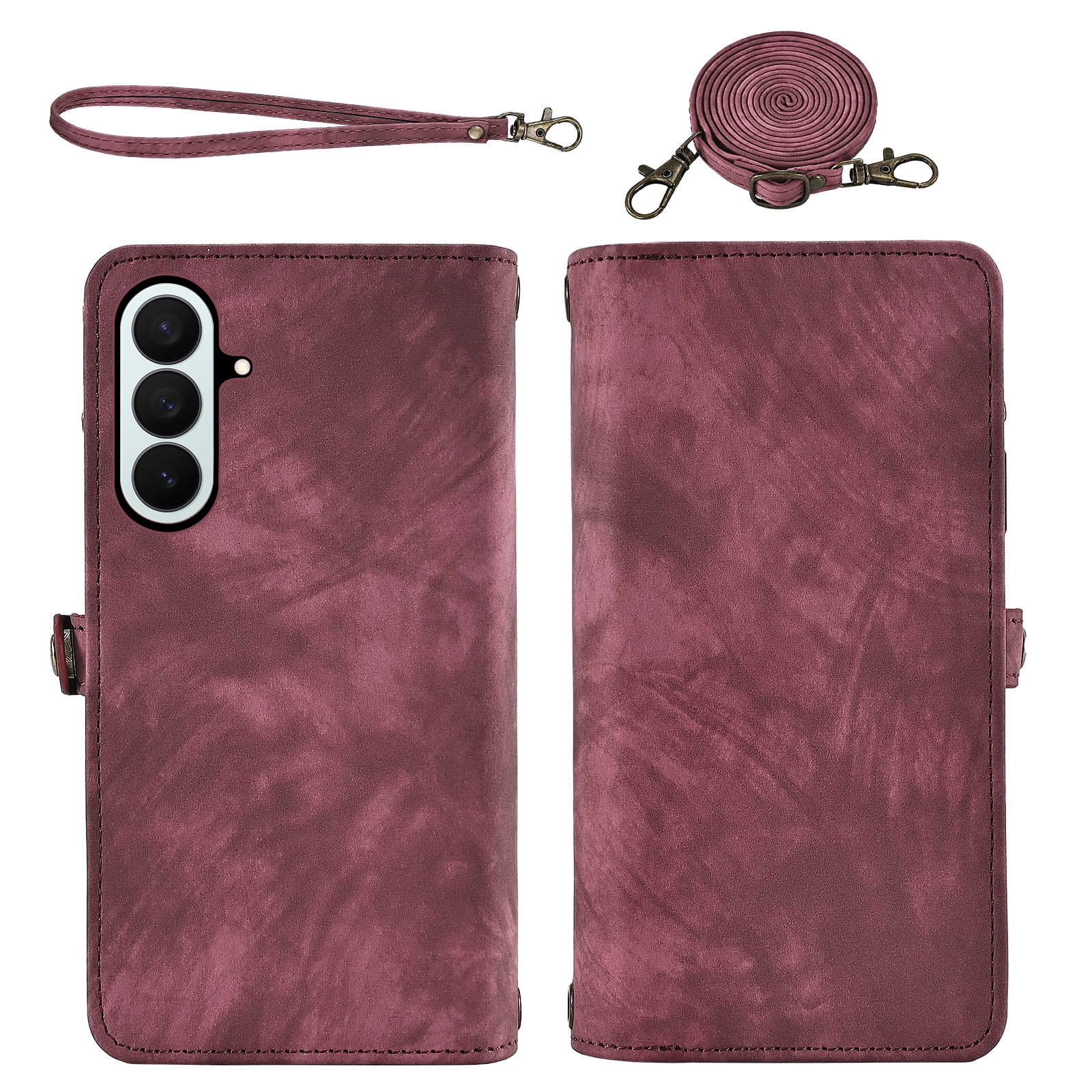 Asuwish Phone Case for Samsung Galaxy Z Fold 7 Zipper Wallet Detachable Cell Cover Crossbody Lanyard Strap Flip Card Holder ZFold Z7 G Fold7 7Z Women Girls Red