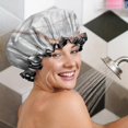 thumbnail image 5 of Shower Caps,White Rose Gold Marble Pattern Waterproof Shower Cap for Women 4 Pieces,Double Reusable Hair Cover for Shower PEVA Elastic Stretch Hem, 5 of 7