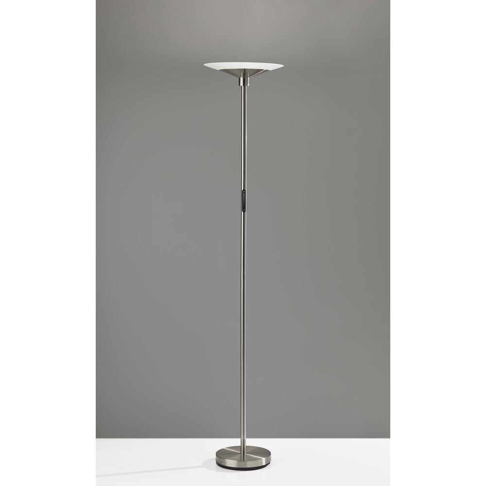 Solar LED Torchiere Wellness Floor Lamp in a Brushed Steel finish and Frosted Glass Shade