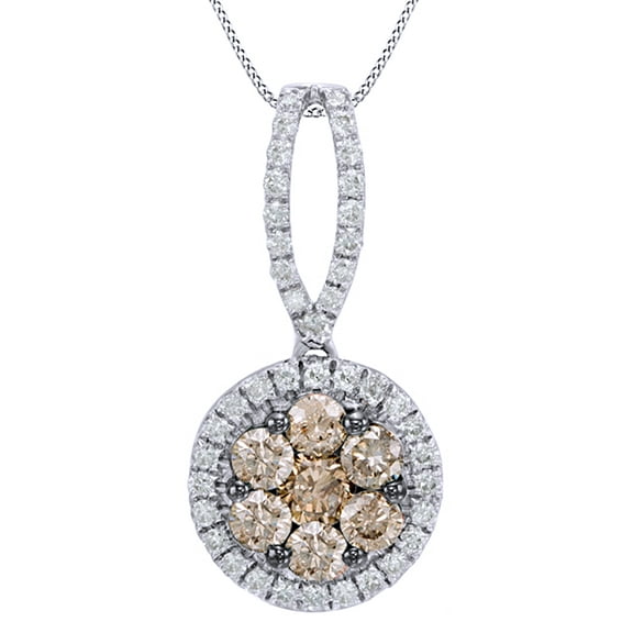 AFFY White & Champagne Natural Diamond Cluster Pendant Necklace in 14K Solid White Gold (0.75 Ct)