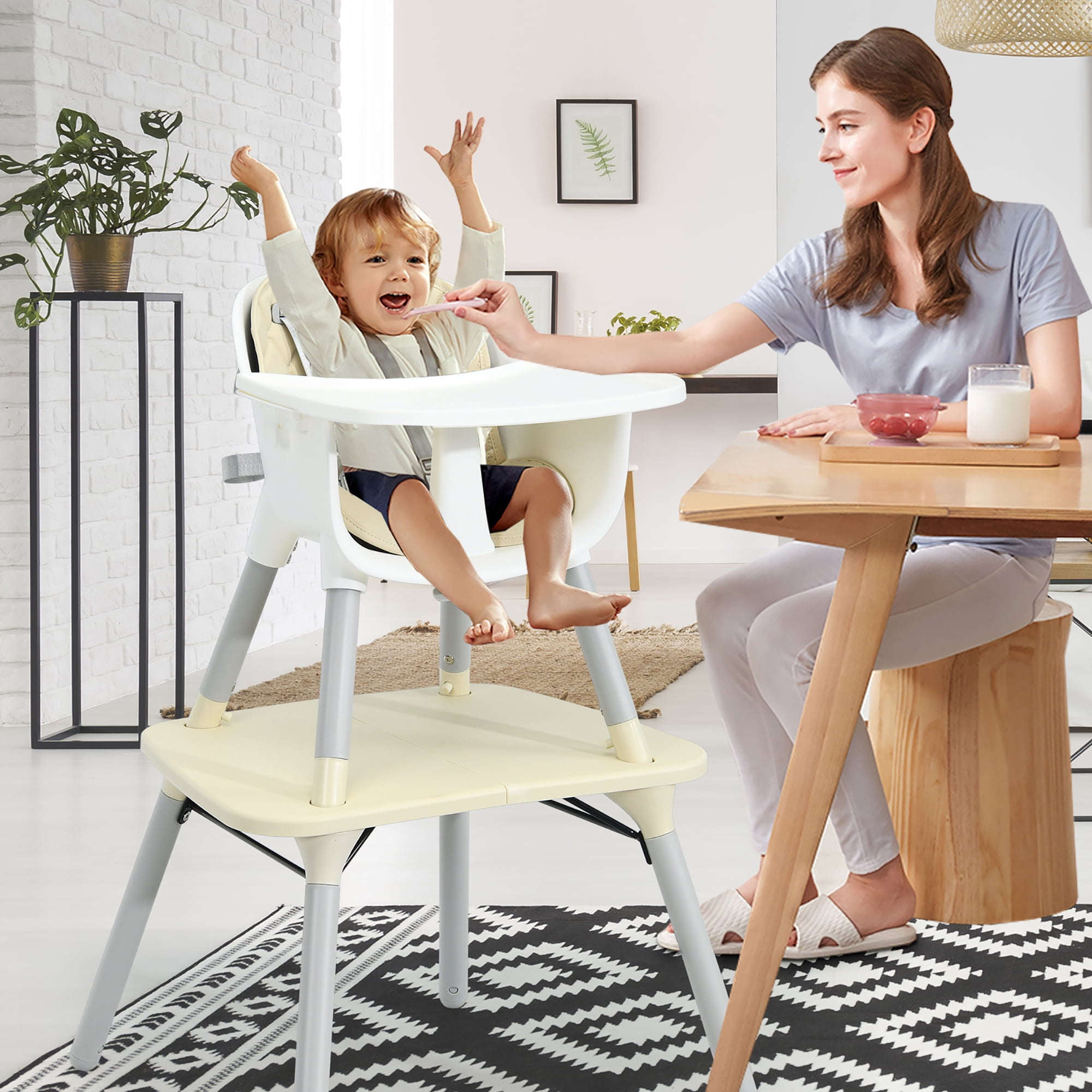 Babyjoy 4 in 1 Baby High Chair Convertible Toddler Table Chair Set with PU Cushion Beige