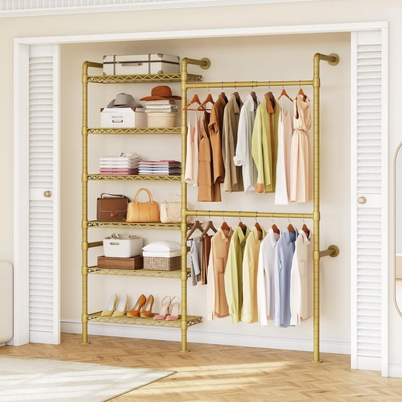 H2 Wall Mounted Clothing Rack, Expandable Industrial Pipe Clothes Rack Garment Racks for Hanging Clothes, Heavy Duty Closet Organizers and Storage in Closet System, Gold