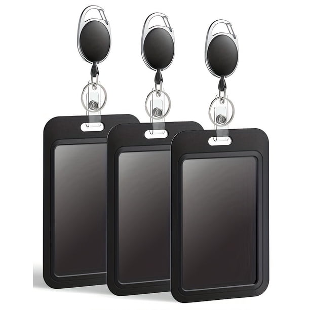 Soporte deslizante para tarjetas de plástico vertical negro duro con mosquetón retráctil para oficina, paquete de 3