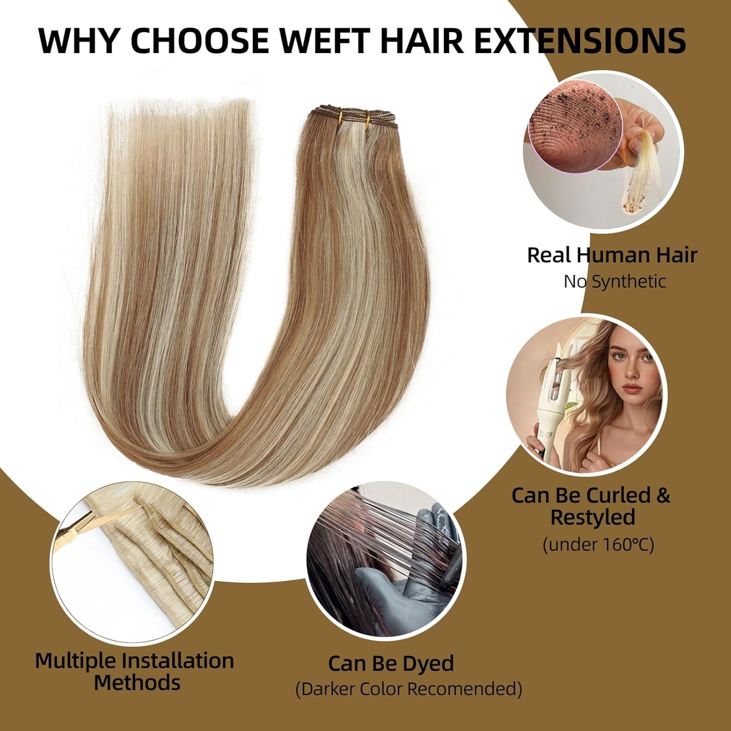 Sew in Hair Extensions Real Human Hair, 110g 20 inch Highlighted Color Ash Brown Mix with Platinum Blonde Hair Extensions Double Weft Remy Straight Weave Bundles Human Hair