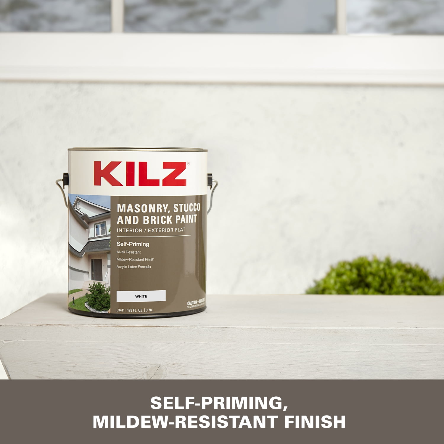 KILZ Self-Priming Masonry, Stucco and Brick Paint, Interior/Exterior, Flat, White, 1 Gallon