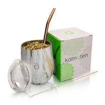 Kalmateh Yerba Mate Gourd- Modern 8 oz Mate Cup with BPA Free Lid- Double Walled 18/8 Stainless Steel - Includes Bombilla and Cleaning Brush (Gold Marble)