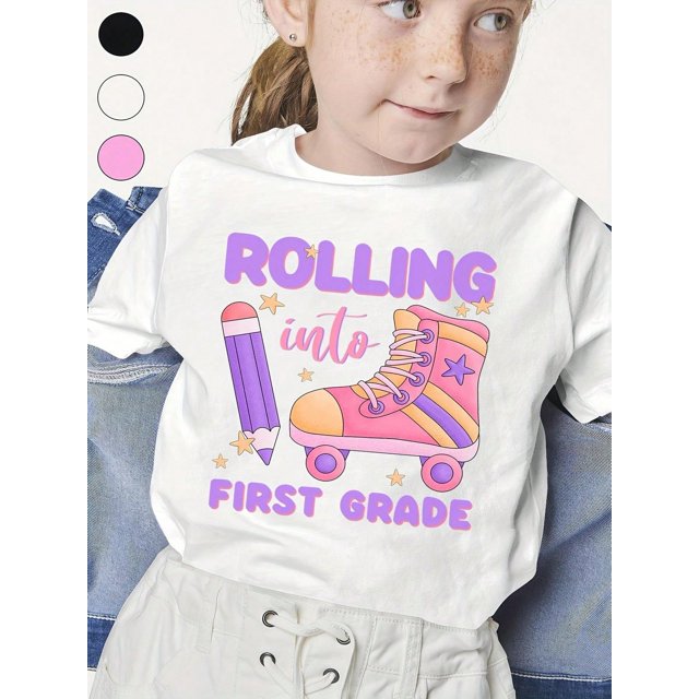 Grade Rolling Into First Grade - Cute Girl In Roller Skates Graphic Tee For Back To School, Comfort Fit, Cotton, Short Sleeve, Round Neck, Perfect For Daily Wear And Classroom Outfits