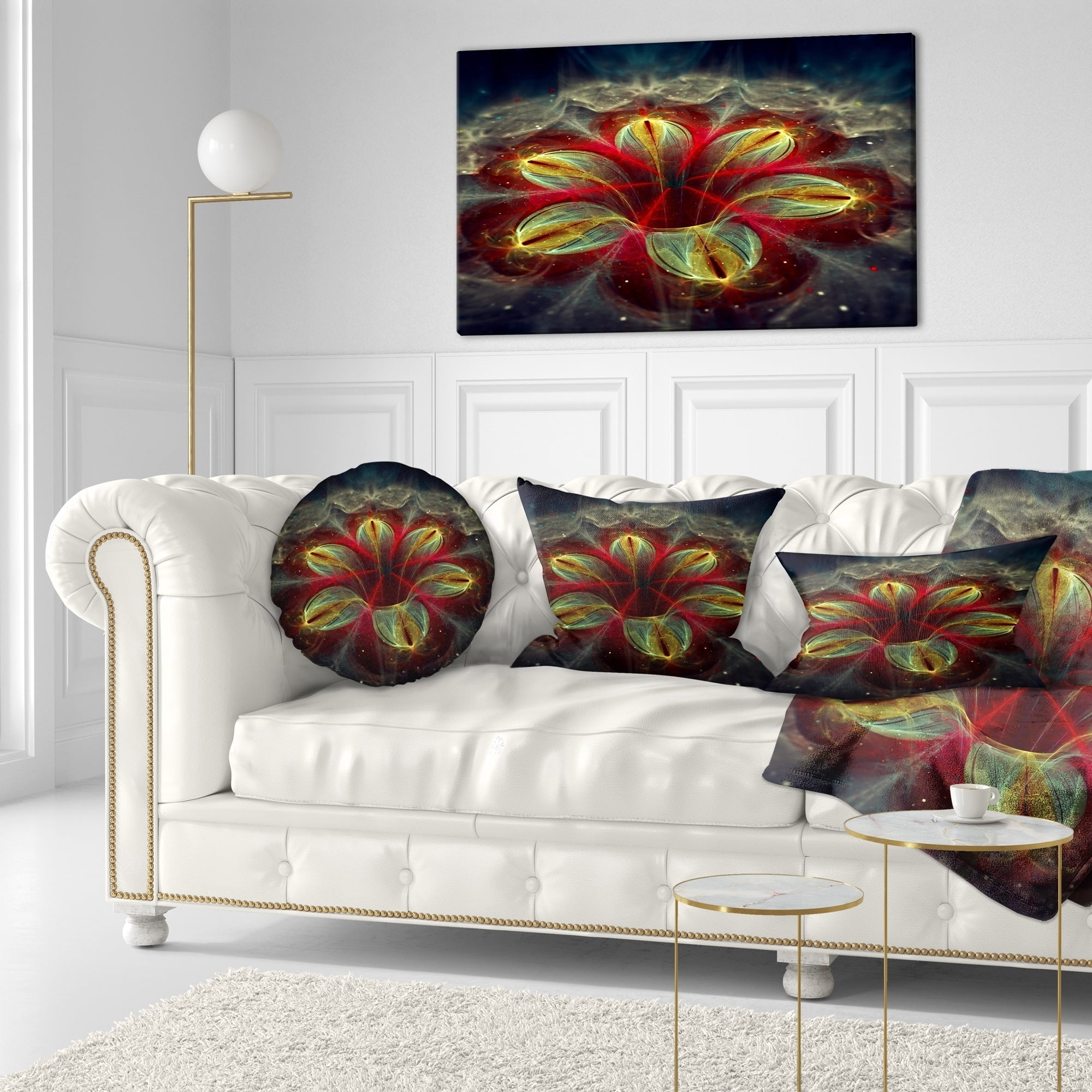 Designart Red Golden Colorful Fractal Design - Floral Throw Pillow - 12x20