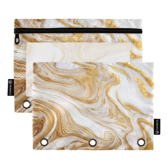 2 Pack 3 Ring Binder Pouch with Clear PVC Window Water Resistant Zipper Pencil Pouch Golden Curved Marble Binder Pocket for Classroom Office Home Stationery Organization