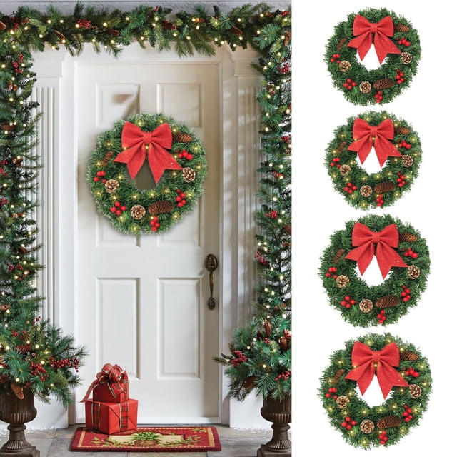 Corona navideña de ratán tejida con piñas y bayas rojas - Decoración de puerta fiesta verde sintética de 16 pulgadas para interior/exterior