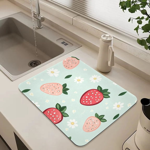 Red and Pink Strawberry Dish Drying Mat for Kitchen Counter Absorbent Drainer Mats (15.7X11.8Inch)