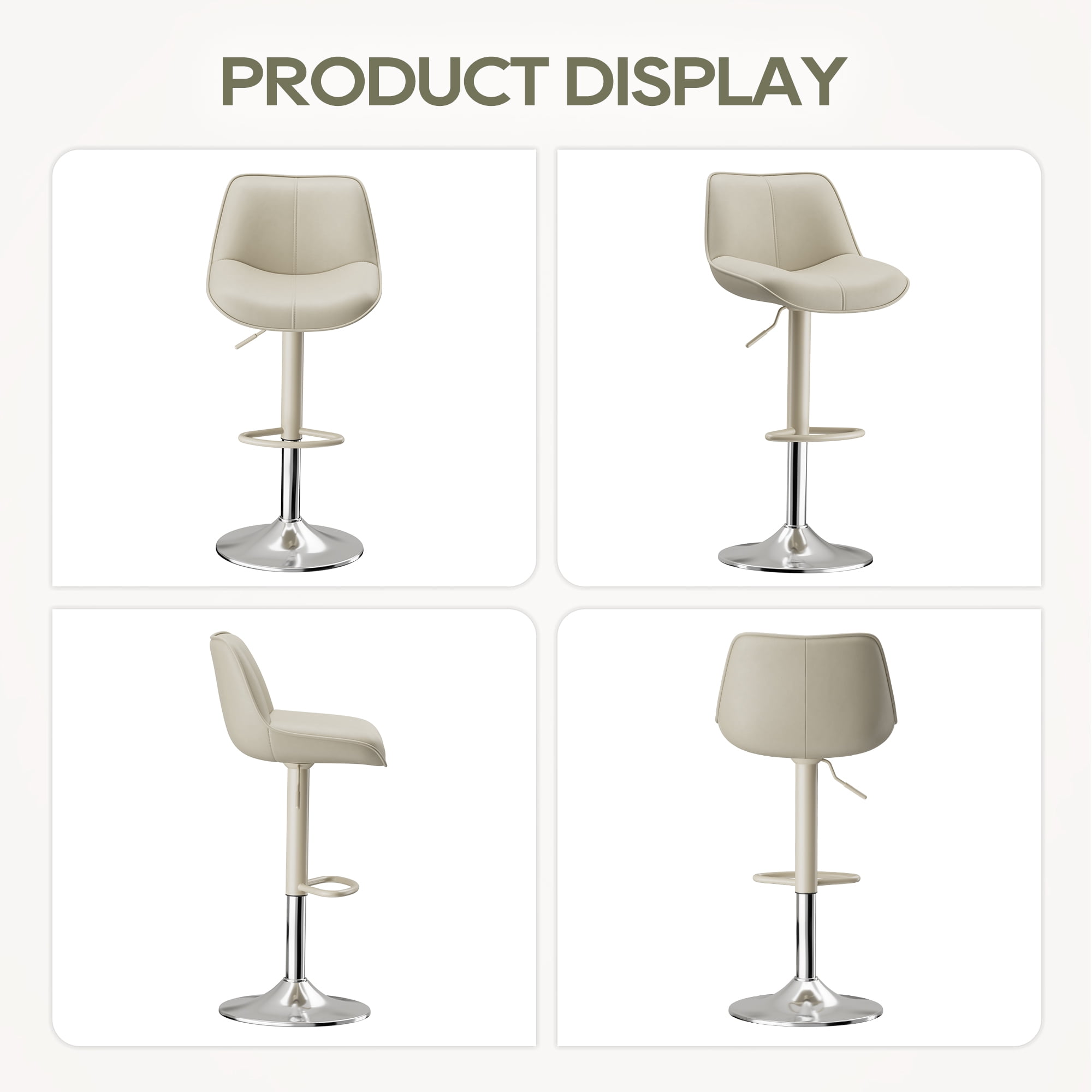 EOP Upholstered Bar Stools Set of 6, Adjustable Swivel Counter Height Bar Chairs with Backrest, Modern PU Leather Counter Stools for Bar, Kitchen, Dining Room, Beige