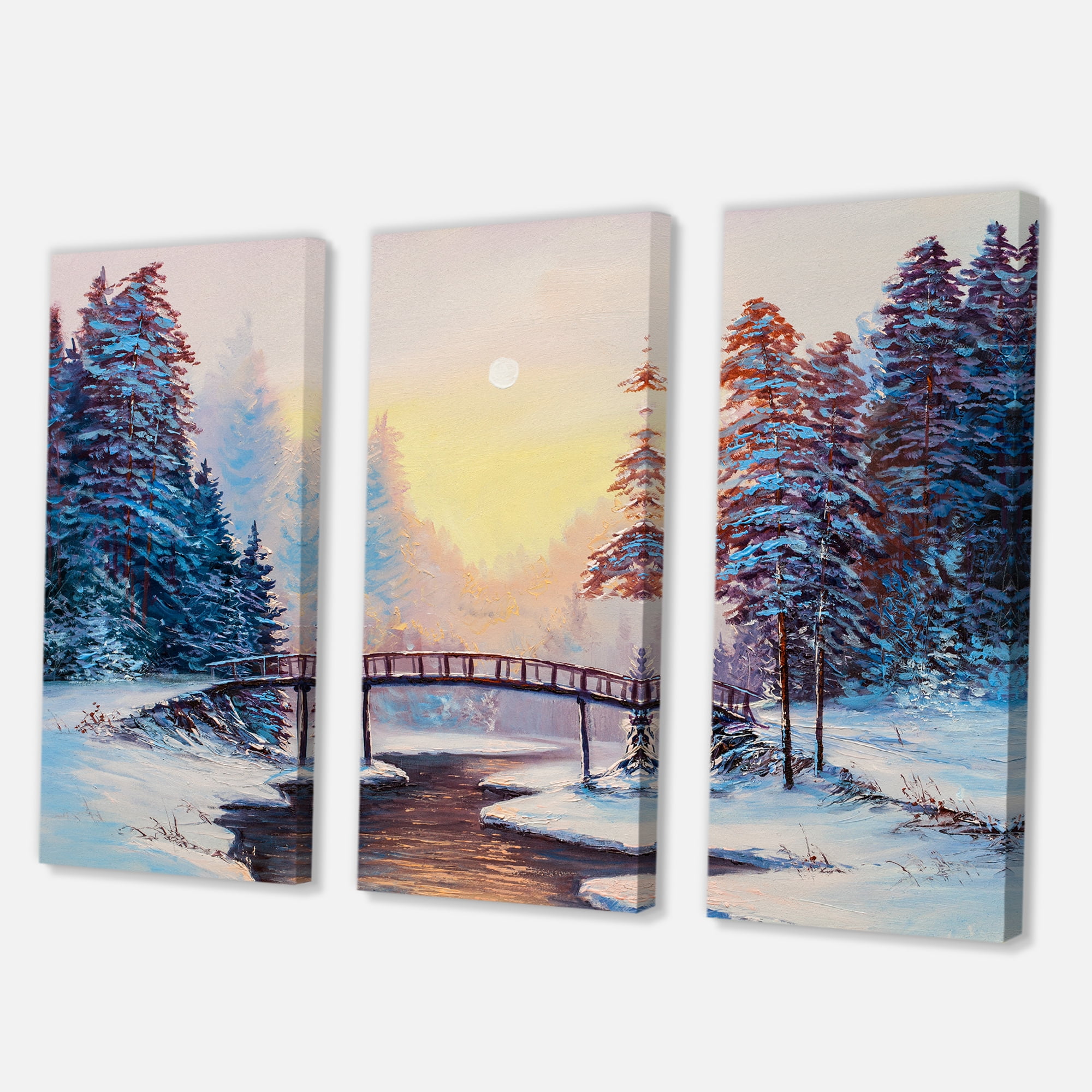 Designart ' Snow Covered Landscape and Little Bridge ' Traditional Canvas Wall Art Print