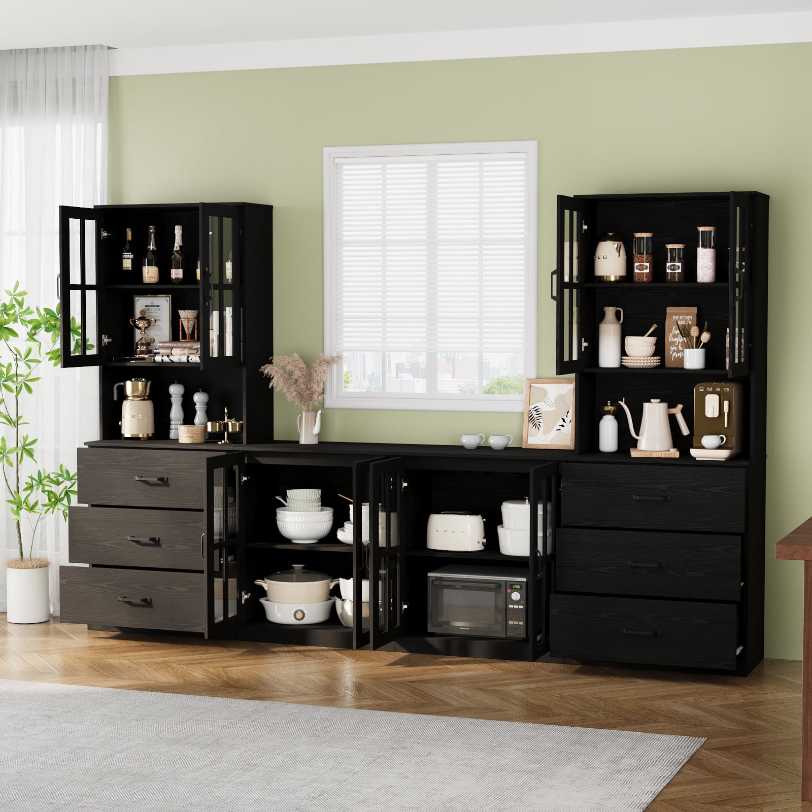 RichYa Kitchen Pantry Cabinet Set of 4,111" W Buffet Sideboard Coffee Bar with Glass Door Hutch,Modular Storage Cabinets with Shelves & Drawers for Dining Room,Black(CGGC)