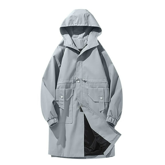 JUUYY Men's Autumn Trench Solid Color Oversized Long Jacket Big Pocket Hooded Coats Trendy Casual Loose Workwear Winter Jacket Gray M