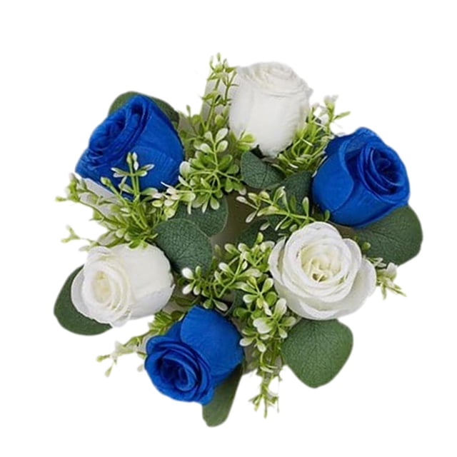 Anillo de vela floral artificial, corona de vela, corona de rosas pequeñas, anillo de vela de flor sintética, portavelas para cena fiesta en casa Azul