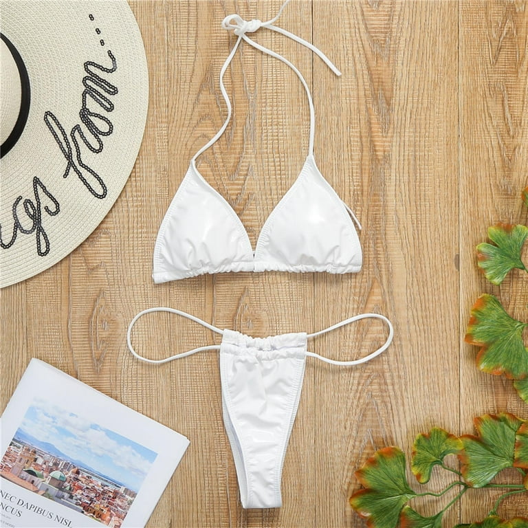 Sexy White Triangle String Bikini Swimwear Sets With Mirco Thong