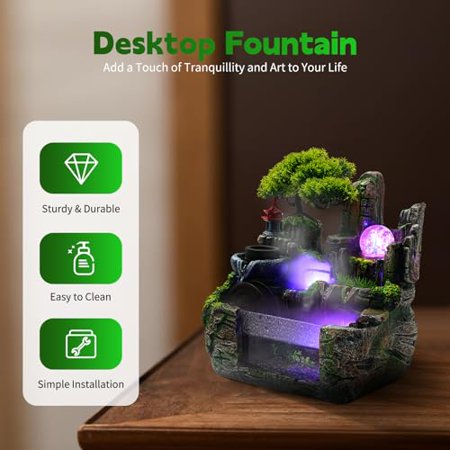 Tabletop Fountain Ornament, 110V Desktop Rockery Ornament with LED Atomizer and Pond, Featuring Waterfall Artificial Trees, Rockery Water Fountains for Home Office Desk Decor (110V-11.8INCH)