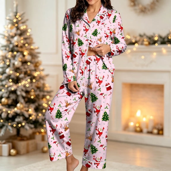 Gunia Christmas Pajamas Women Xmas Tree Long Sleeve Button Down Top And Pants 2 Piece Fall Winter Pullover Tops With Front Pocket Xmas Pjs Loungewear S-2Xl