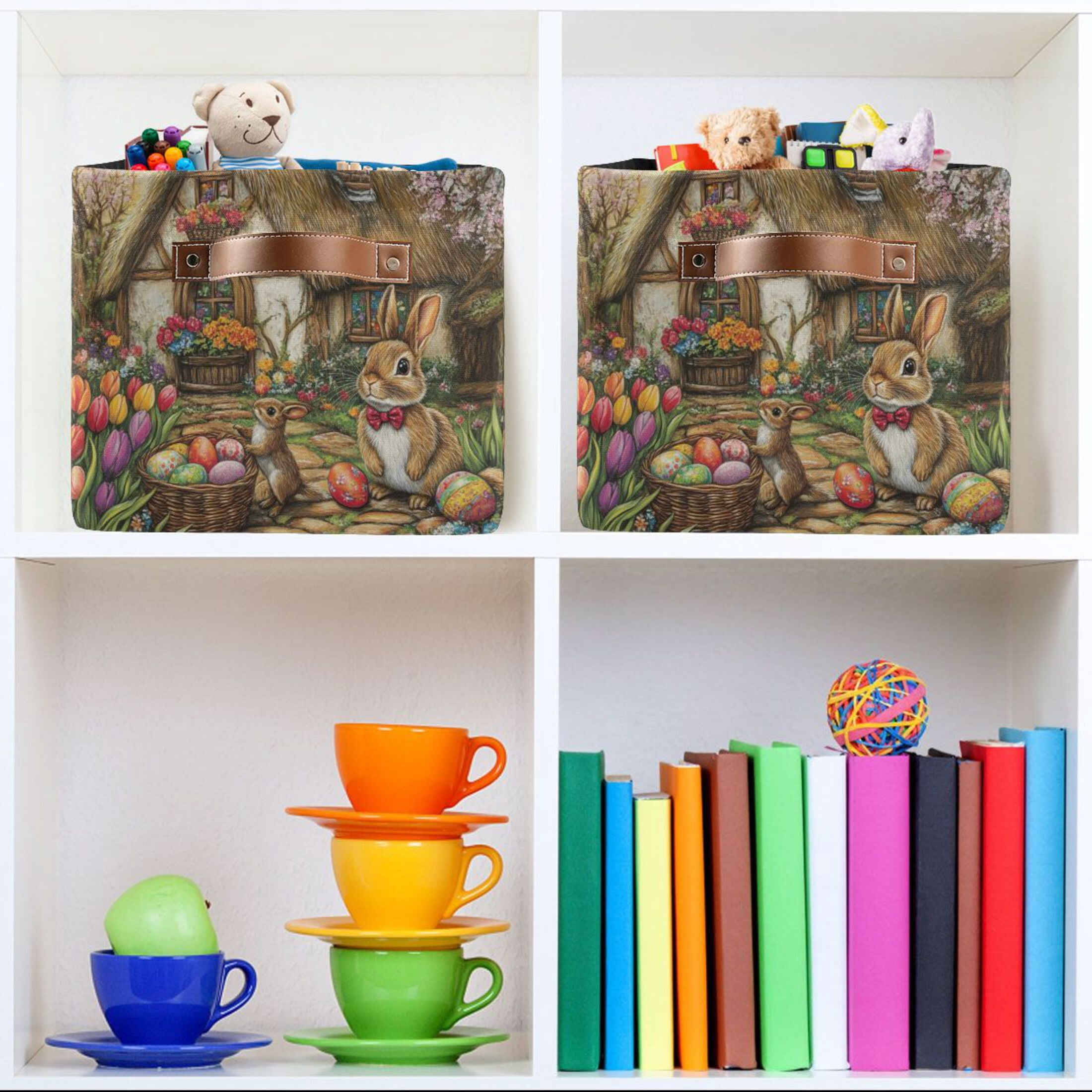 WOBOGO Easter Cozy Cabin Square Storage Basket with Waterproof Canvas and PE Lining Durable PU Leather Handles 14.2×10.2×8.3in
