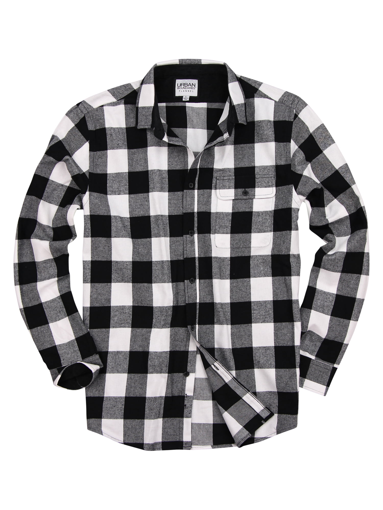 Men's Long Sleeve Flannel Shirt W/Point Collar (Black/White, Medium ...