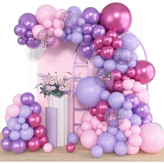 153pcs Pink Purple Balloon Garland Arch Kit, Different Sizes 18 12 10 5 inch Pink Purple Red Latex Metallic Confetti Purple Balloons for Girl Women Birthday Bridal Baby Shower Party Decoration