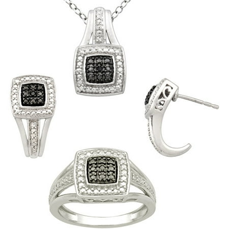 Diamond Accent Sterling Silver and Black Rhodium Cushion-Shape Pendant, Earrings and Ring Set