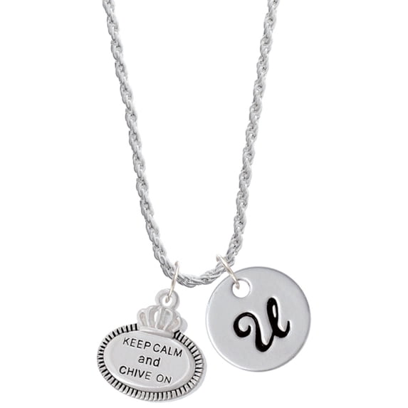 Delight Jewelry Silvertone Keep Calm and Chive On Silvertone Script Initial Disc - U - Charm Necklace, 20"+3"