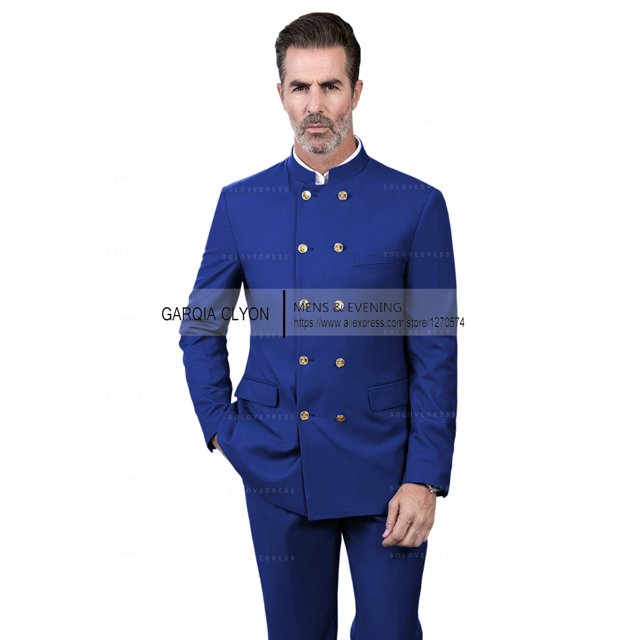 Trajes de estilo chino para hombre, traje de cuello alto, doble botonadura, 3 bolsillos reales, traje de boda ajustado (Blazer + Pantalones), 2 piezas