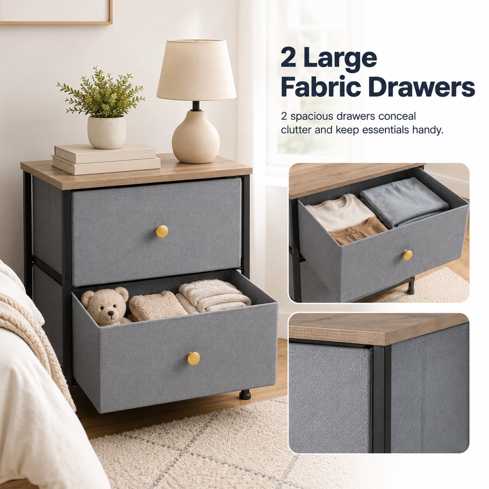 Alvantor Nightstand with 2 Storage Drawers, Small Bedside Table, Small Dresser with Sturdy Wooden Top for Daily Essentials, Compact Nightstand for Bedroom and Small Spaces