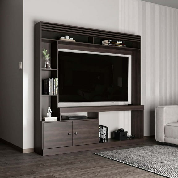 DEPOT E-SHOP DE-CLG11466 Oberlin Entertainment Center, 2 Doors, 7 Shelves, 65' TV Capacity, Walnut