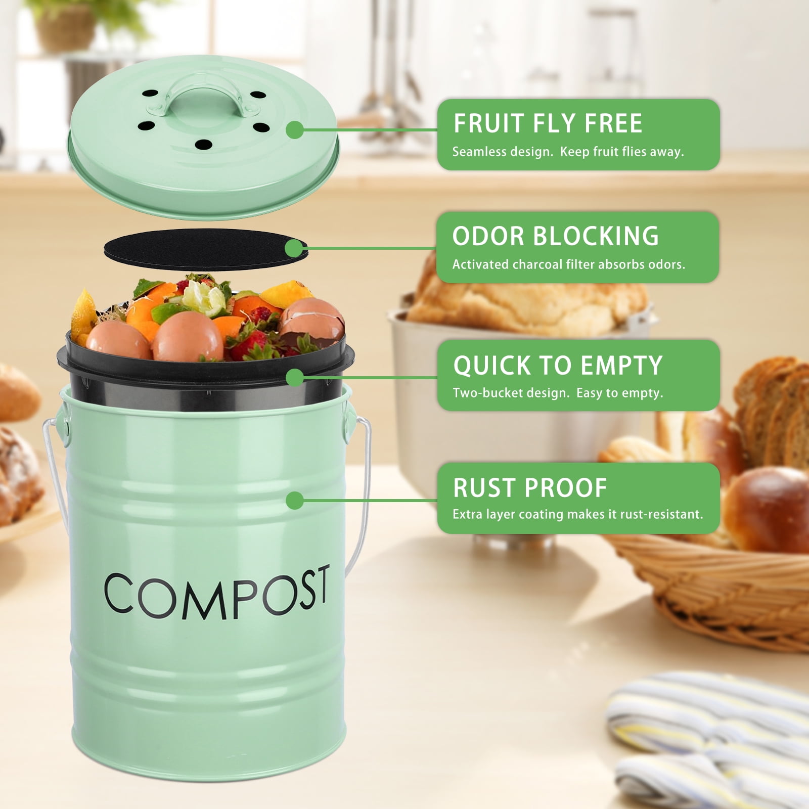 Vipush Compost Bin Kitchen Counter, Durmmur 1.0 Gallon Indoor Kitchen Compost Bin, Energetic Green Countertop Compost Bin with Lid Sealed for Waste Food Compost Bucket