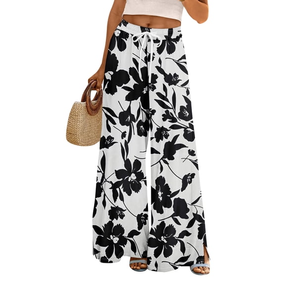 Dress Pants Women Petite High Waisted Wide Leg Summer Beach Vacation Pants Boho Lounge Casual Palazzo Trousers White S