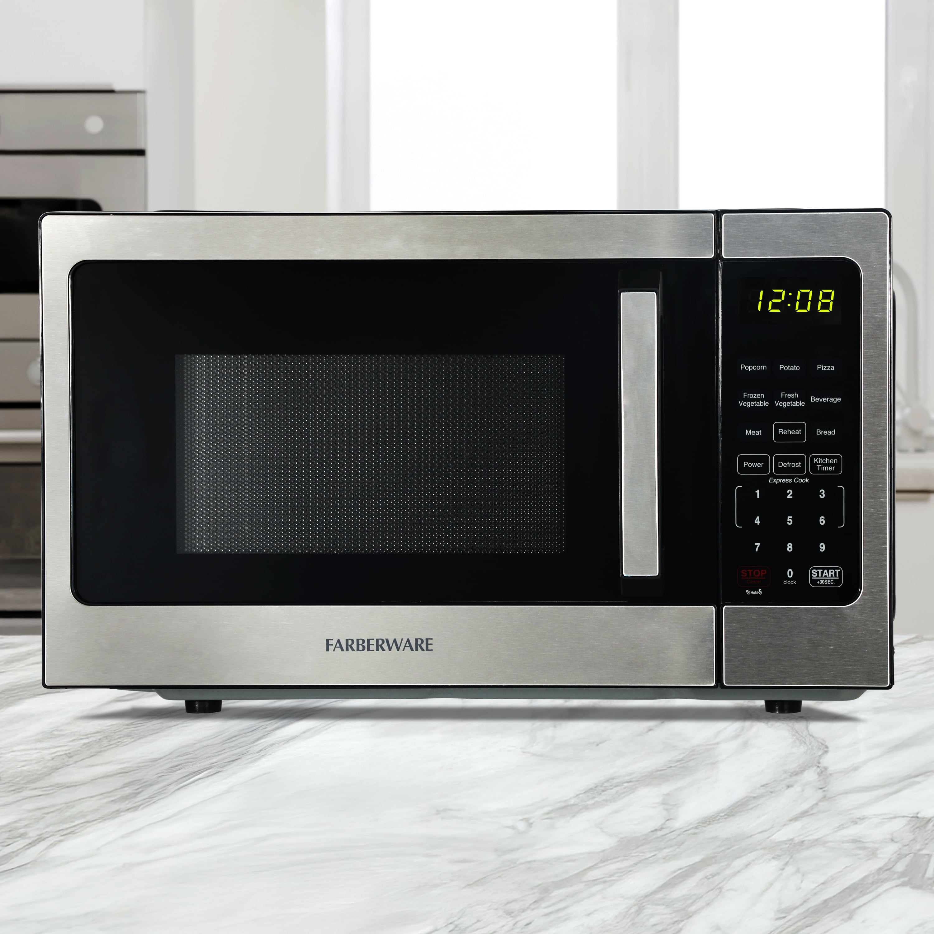 Farberware 0.9 cu ft Microwave Oven, 900W Countertop Microwave Oven with 8 Auto Cook Settings with Handle, Stainless Steel