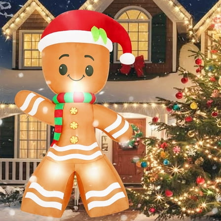 8Ft Christmas Inflatable Outdoor Decoration, Cute Gingerbread Man Inflatable with LED Lights Gingerbreadman Christmas Blow Up Yard Decoration for Lawn Garden Patio Xmas Party Decor