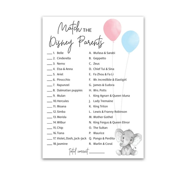 GENDER REVEAL Party Game — CARTOON PARENT MATCH Game — Pack of 25 — Elephant Pink or Blue Baby Shower Game, Match Famous Cartoon Parents Co-ed Fun Shower Activity, Star Kids Match Game G510-DPM
