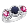 thumbnail image 1 of 14K White Gold Natural High Quality Blue Sapphire & Pink Topaz Sides Round 3-stone Ring Diamond Accents, size 5, 1 of 2