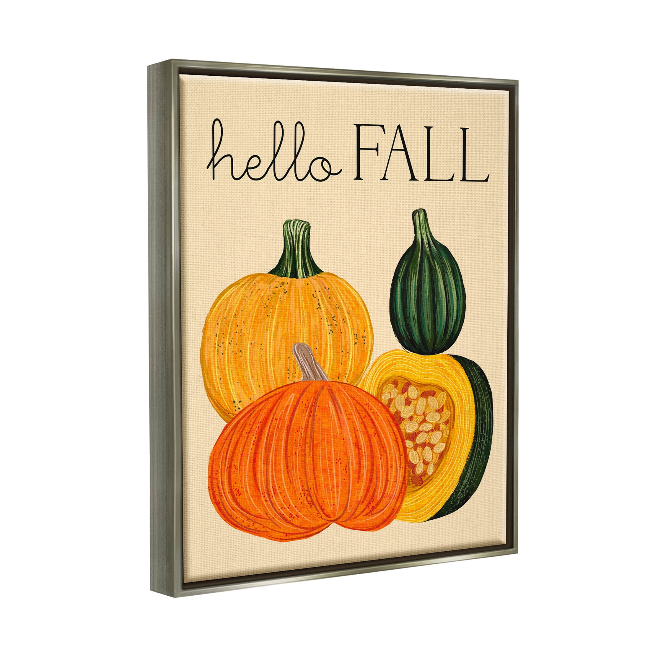 Stupell Industries Hello Fall Harvest Gourds Graphic Art Luster Gray Floating Framed Canvas Print Wall Art, Design by Ziwei Li