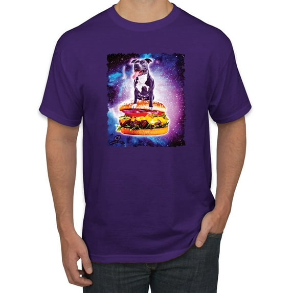 Wild Bobby, Space Pitbull Riding a Hamburger, Animal Lover, Men Graphic Tees, Purple, Small