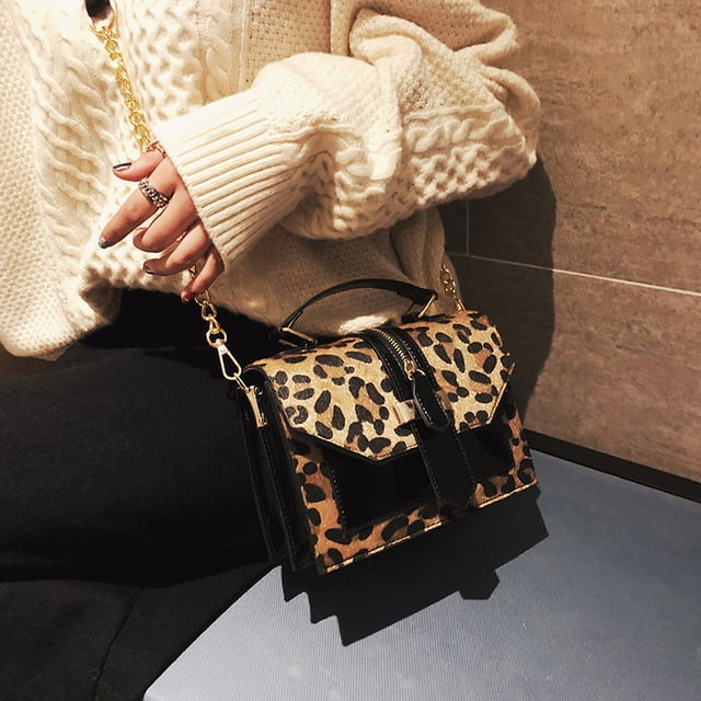 Bolsos de hombro de piel sintética de leopardo para mujer, bolsos de cadena tipo bandolera en negro sólido y Borgoña para mujer, bolsos de bandolera a la moda para chica Adepaton 2031277-3