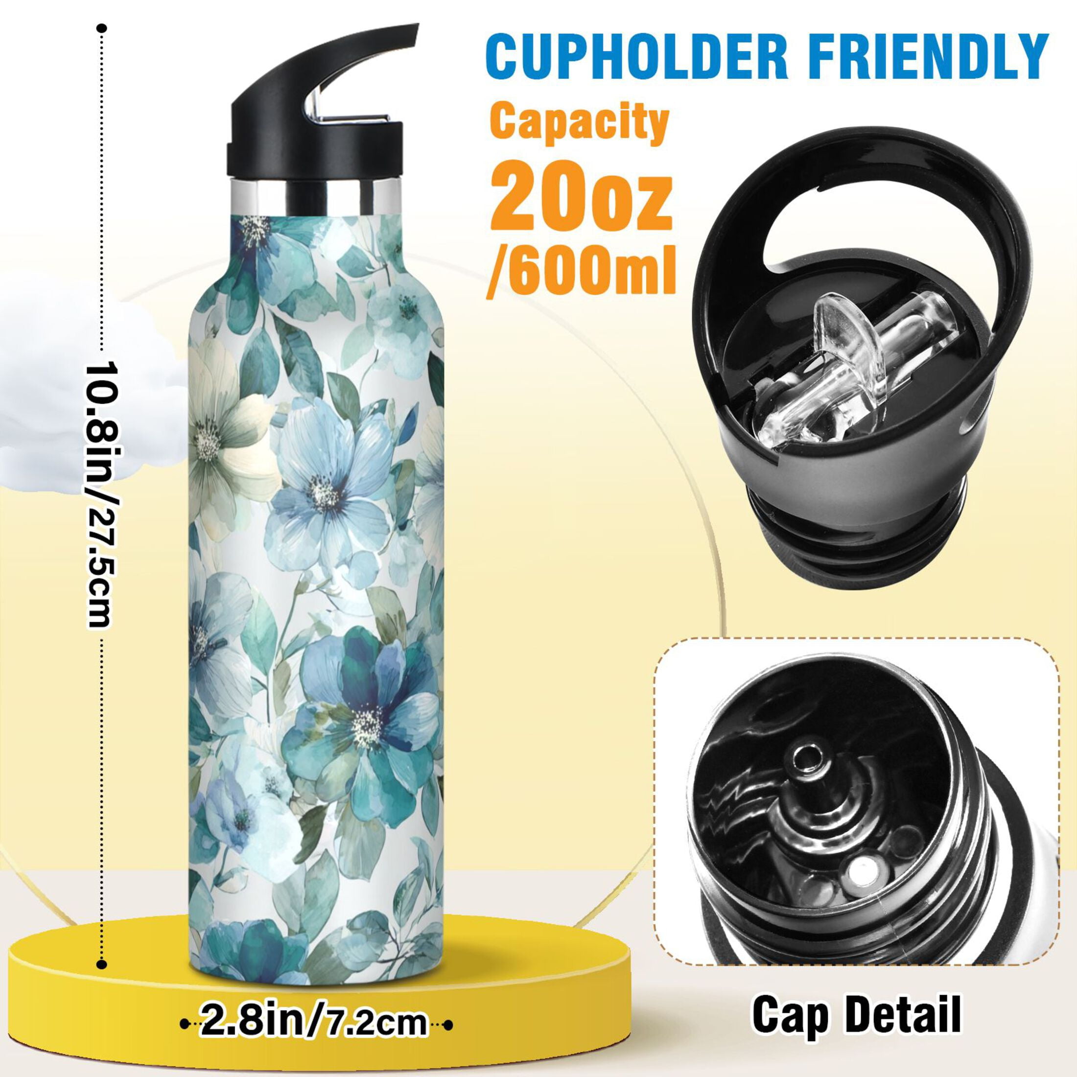 Kids Insulated Stainless Steel Sports Water Bottle 600ml (20oz) Blue and Green Flowers