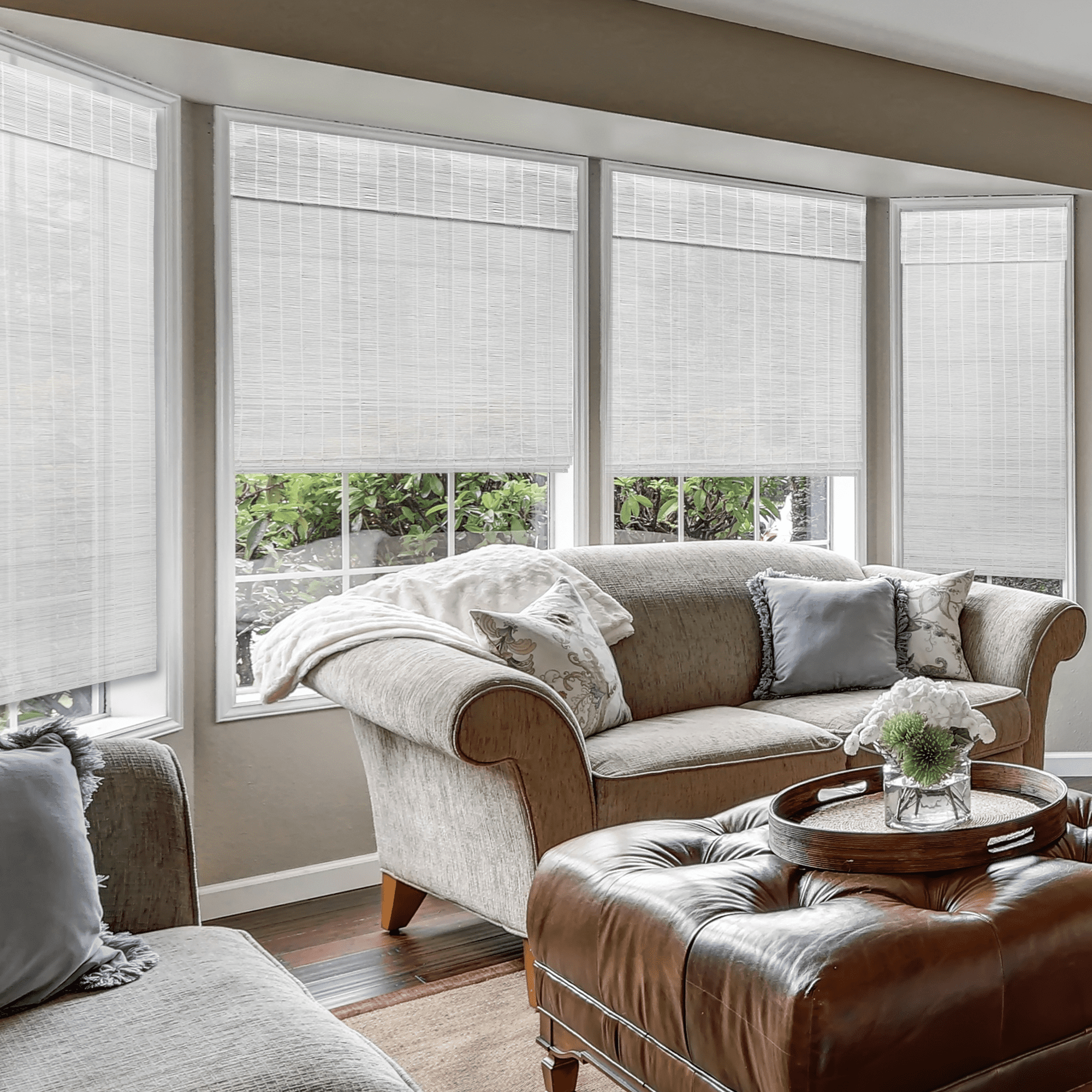 Natural Woven Light Filtering Cordless Bamboo Roman Shades for Windows, 63.5 in. W x 36 in. L, Dior Grey