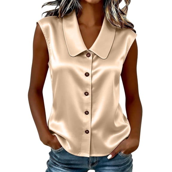cocolona Womens Summer Satin Tank Tops Lapel Sleeveless Button Shirts Trendy Casual Solid Color Blouses