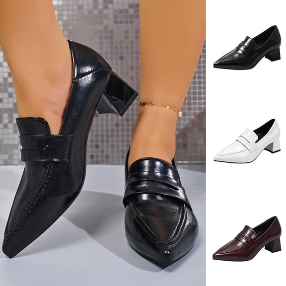 Women Pointed Toe Block Heel Loafer Pumps, Leather Slip‑On Mid‑Heel Dress Shoes, Fashion Office Work Closed‑Toe Heeled Loafers for Business
