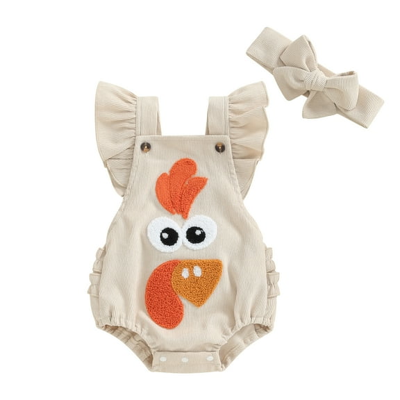 Musuos Baby Girls Thanksgiving Romper 0-18Months Flying Sleeve Cute Turkey Embroidery Bodysuit