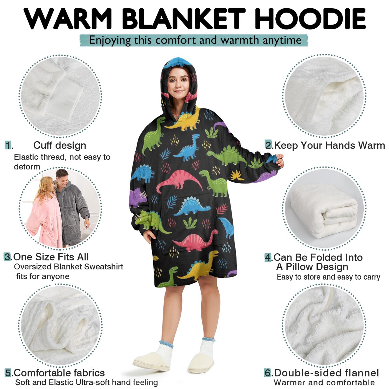 Wearable Oversized Blanket,Black Cartoon Colorful Dinosaurs Plants Pattern Wearable Blanket Hoodie for Adults,Cozy Hooded Blankets with Super Pockets,Super Warm Fuzzy Pullover for Women & Men