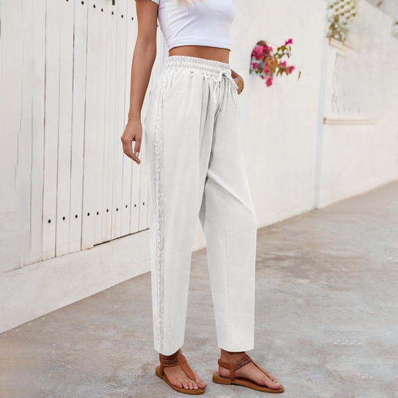 Besolor Women's Cotton Linen Pants Summer Casual Lace Drawstring Elastic Waist Cropped Trouser with Pockets