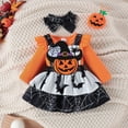 thumbnail image 2 of CONFREE Halloween Clothes Set for Toddler Girl Long Sleeve Cute Pumpkin Ghost Embroidered Tops Suspender Skirt With Hairband 3Pcs Hallowmas Outfit Set Fall Clothing Set, 2 of 8